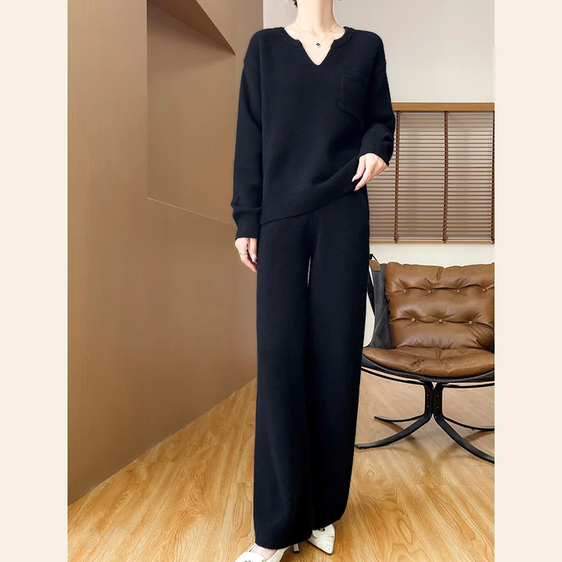 Women Wool V-neck Sweater Pullovers Casual Straight Pants Spring Autumn Winter Knitwear 100% Merino Wool Two-piece Suit Clothing