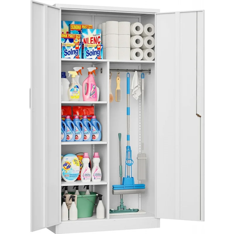

2026 NEW：Wide & Deep Metal Storage Cabinet with Hanging Rod,White Broom Closet Storage Cabinet with Lock,72 Tall Wardrobe Cabin