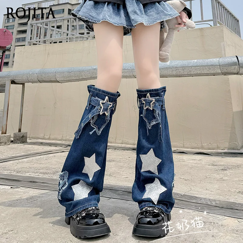 

Джинсовые гетры с пятиконечной звездой и пряжкой Y2K, женские гетры в японском стиле, панк, темные белые носки до середины икры с напуском
