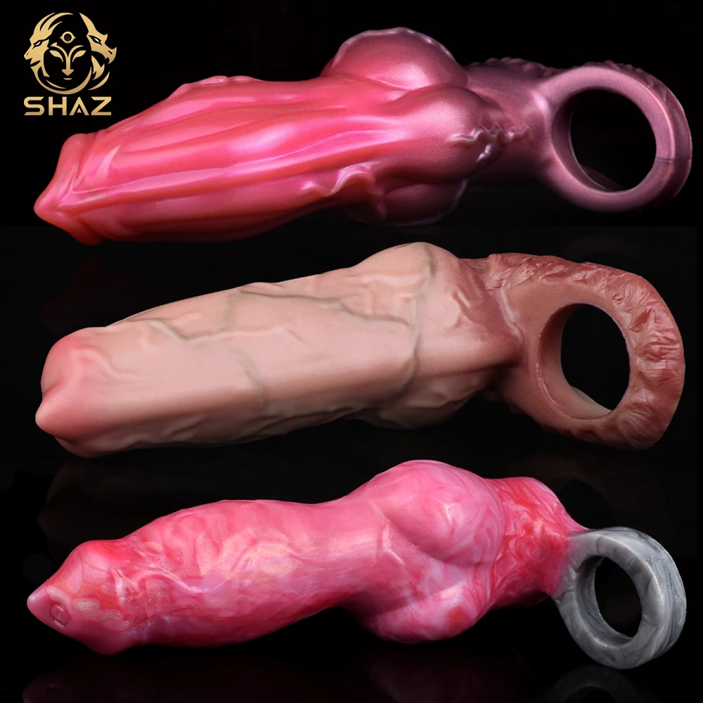 SHAZ véritable chien gode gaine creux manchon d'extension pour agrandisseur de pénis Silicone retarder l'éjaculation anneau de coq jouet sexuel pour bite des hommes