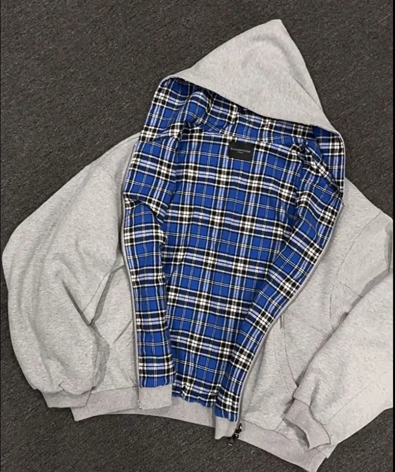 90s Lined Blue Check Hoodie Kawaii Gothic Harajuku Streetwear Loose Fit Cotton Pullover Double Face Long Sleeve Sweatshirt