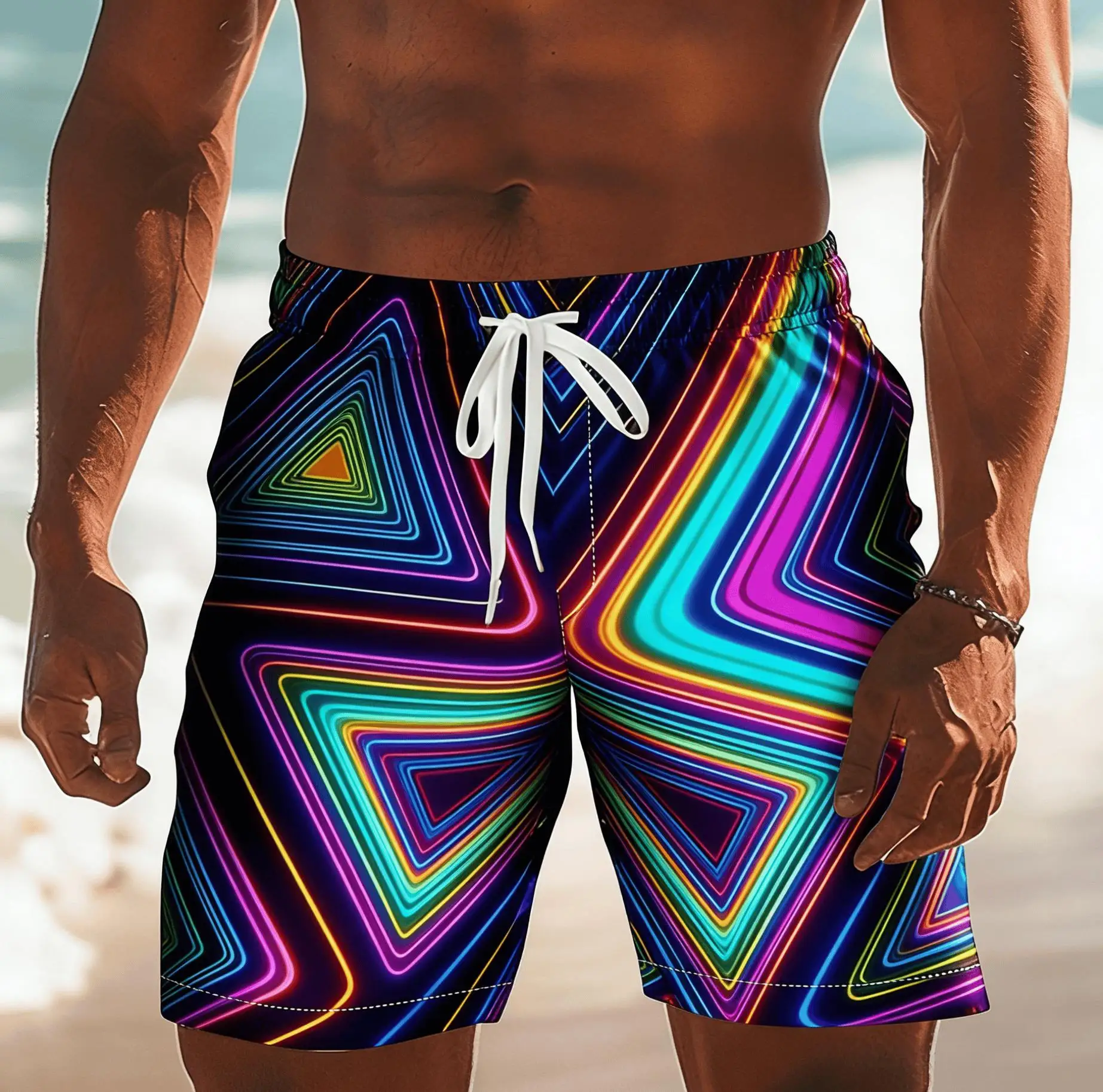 Men's Cyber Punk Style Psychedelic Men's Beach Shorts, Creative Unique Spring Summer Vacation Casual Trunks