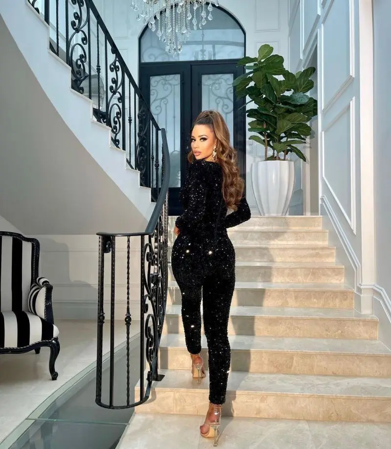 2023 new Sexy Black Deep V-neck Draped Elastic Sequins bodycon Long Sleeve Party Jumpsuit