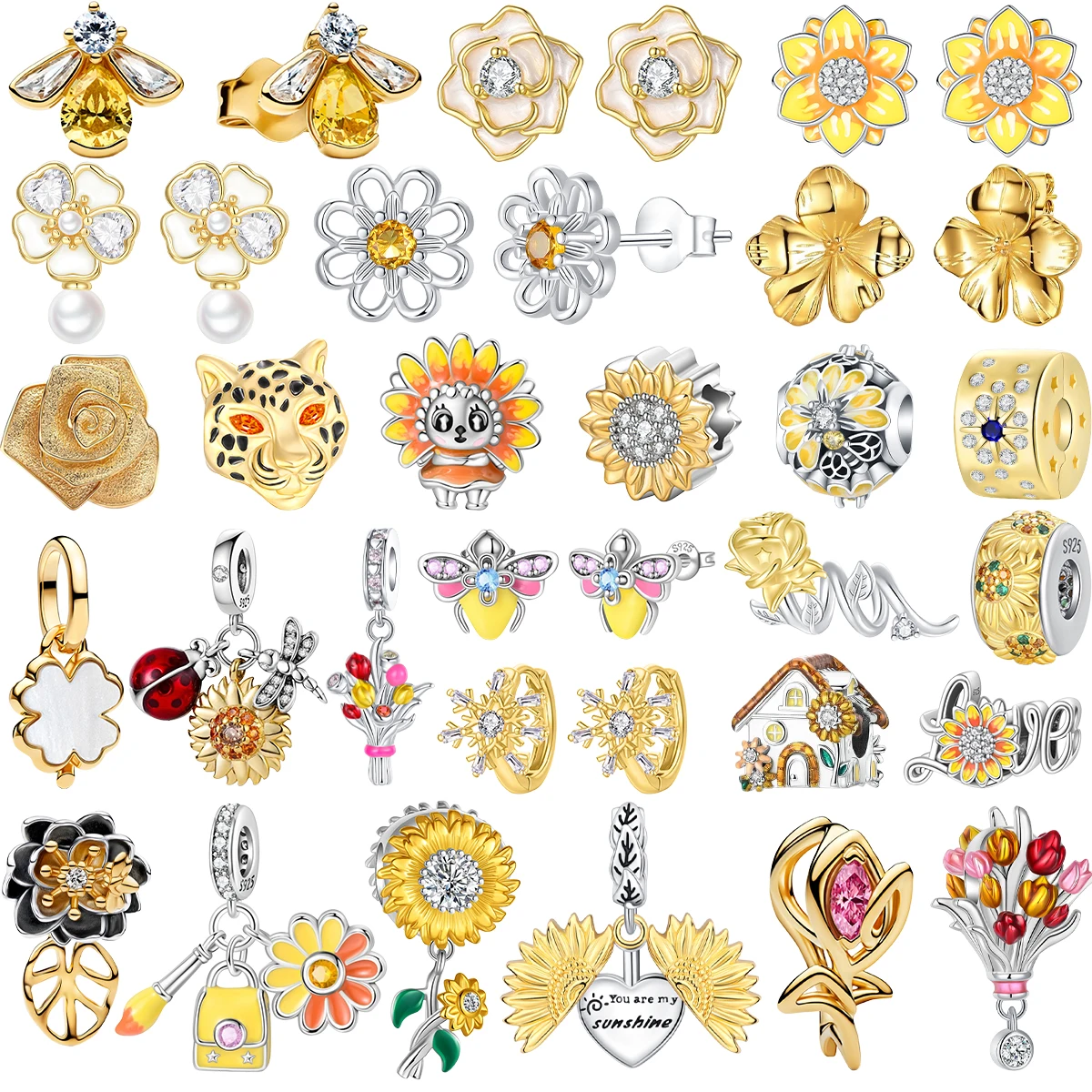 

Original 925 Sterling Silver Charms Flower RoseTulip Sunflower Earring Beads Pendant Bracelets Necklaces Womens DIY Jewelry Gift