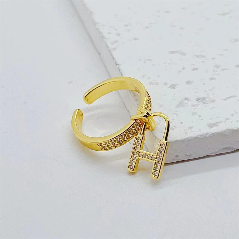 Adjustable Inlaid Diamonds Letter Pendant Open Ring para Mulheres, Cool Jewelry, Acessórios Retro, Presentes Designer, Moda