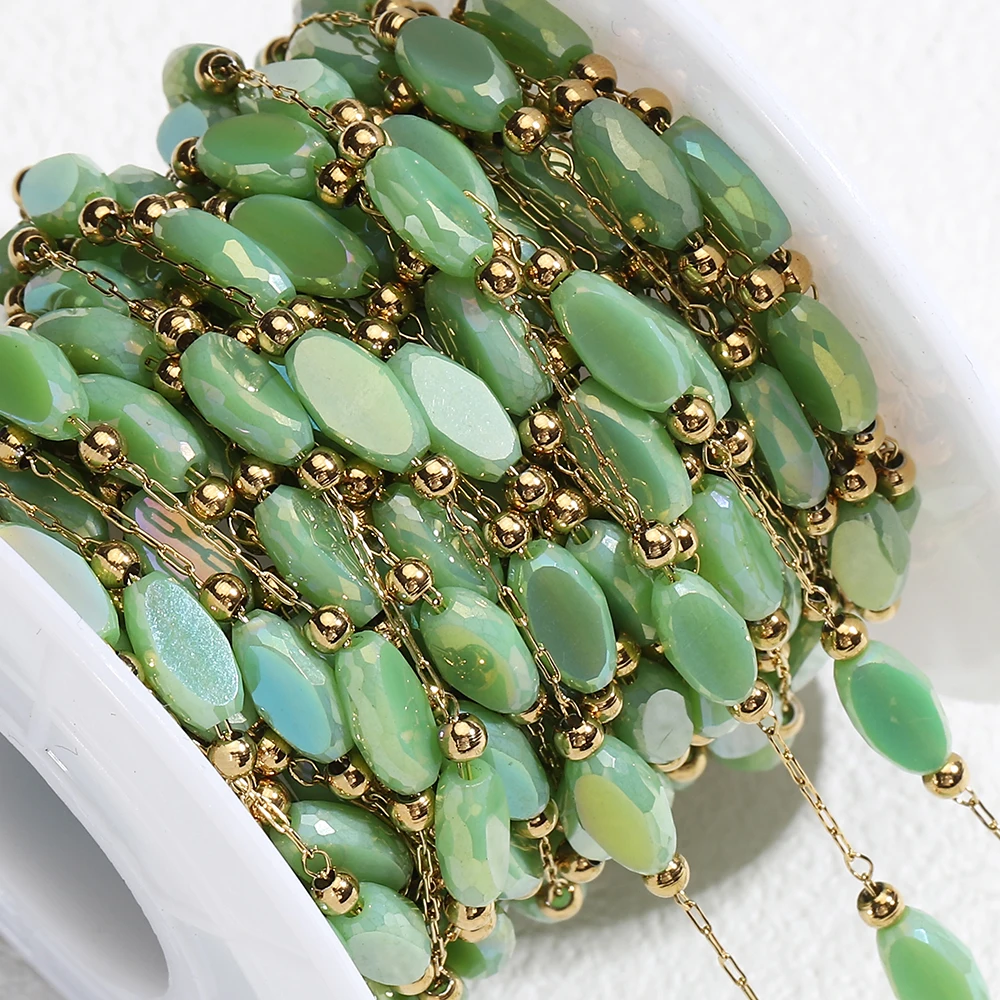 2M/1Meter Artificial Green Crystal Beaded Chain High Quality Golden Stainless Steel Chain for Necklace Bracelet Jewelry Making