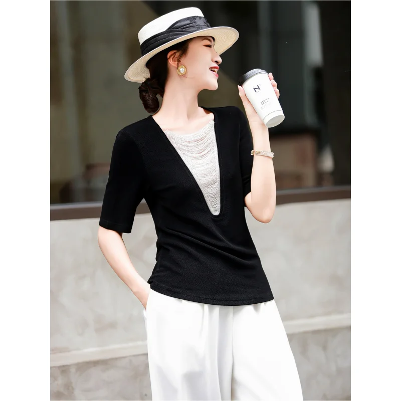 MEXCOCO 2026 Spring Summer French Beaded V Neck Pullover T-shirt Slim Short Sleeve Acetic Acid Top