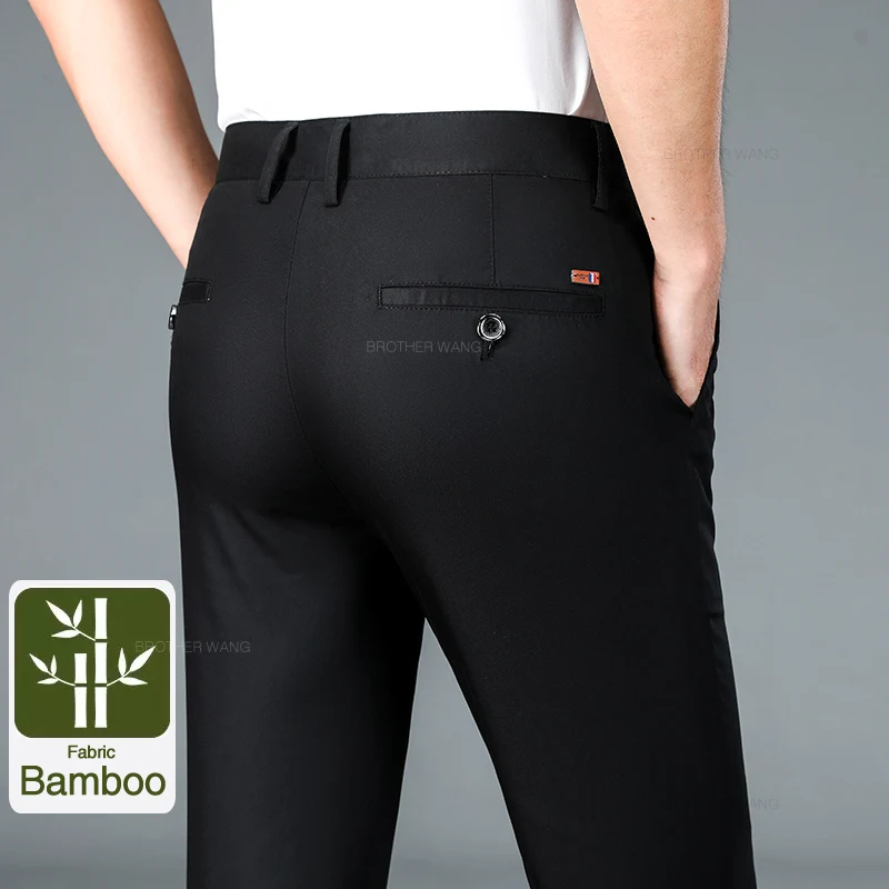 

Bamboo Fiber Fabric Men's Casual Pants Summer New Ultra-thin Elastic Soft Straight Business Trousers Classic Black Khaki Gray