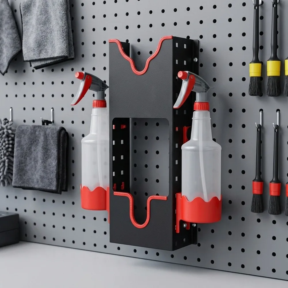 Wall Mount Polisher Rack for Automotive Detailing Stations with Two Bottle Holders and Reliable Mounting Design
