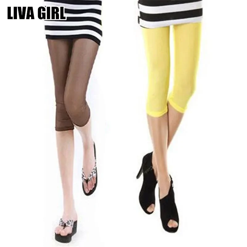 Liva Girl Hot Selling Fresh Stylish Women\'s Elastic Mesh Leggings Thin Short Mid-Calf Leggings Candy Color Half Pants Female