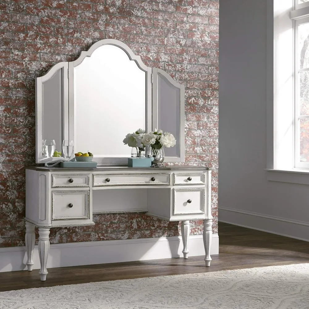 Vanity Desk, W54 x D18 x H30, Makeup Vanity with 5 Drawers with Glass Top, White Bedroom Dressing Table，Vanitys Desk