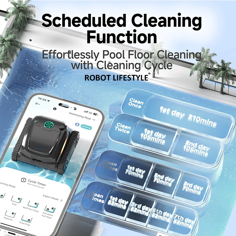 Automatic Vacuum Cleaner for Swimming Pools Robot Cleaning Pool Floor and Walls App Control 210mins Cleaning Time 7800mAh