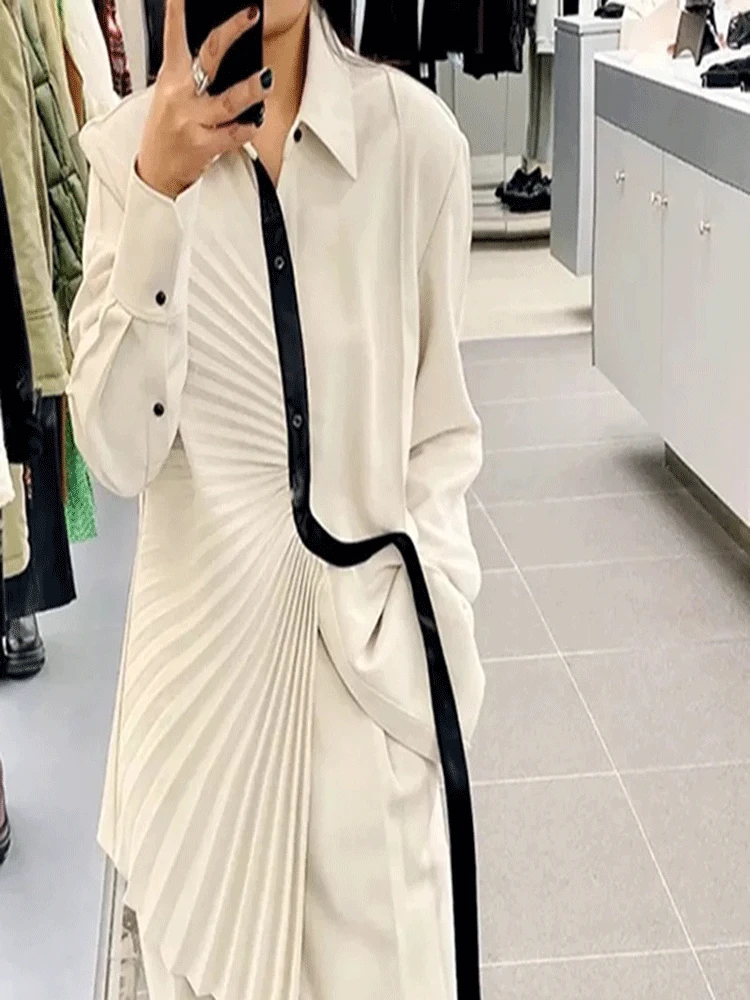 

Women Apricot Irregular Pleated Elegant Blouse New Lapel Long Sleeve Loose Fit Shirt Fashion Spring Autumn 2022