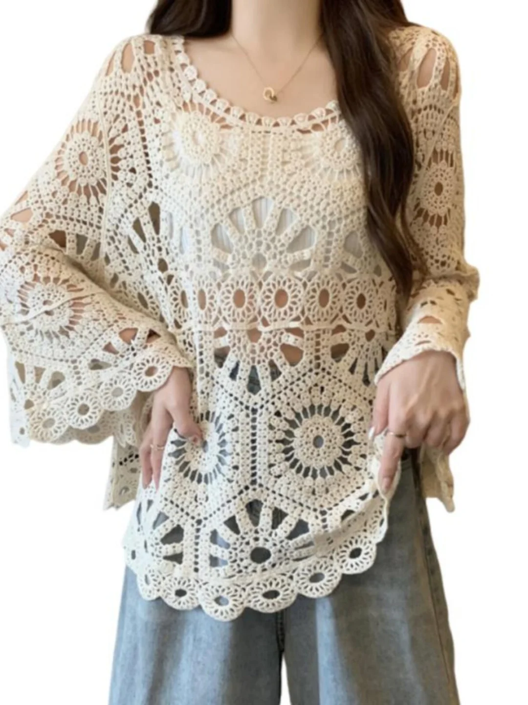 Bohemian Lace Hollow Knitted Sweater Summer Large Size Women's Outerwear Bell Sleeve Top Bright Thread Coolmax Fiber