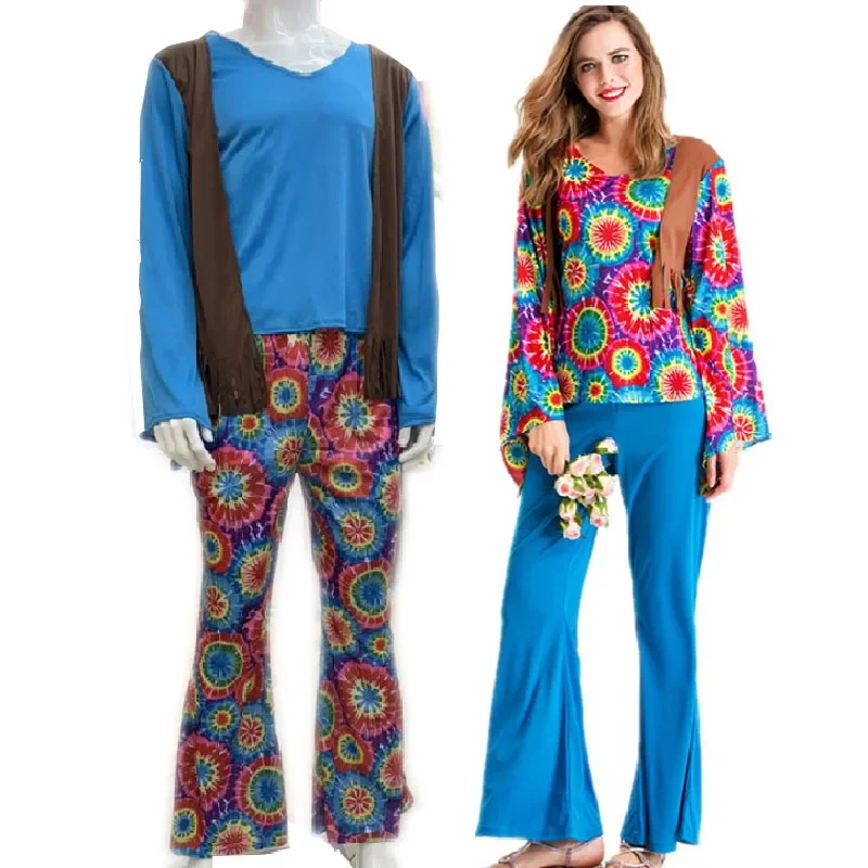 Hippie kostuum paar bijpassende outfit DS mannen vrouwen 60s 70s carnaval Groovy Flower Power tops + broek Festival outfit voor volwassenen RZ6