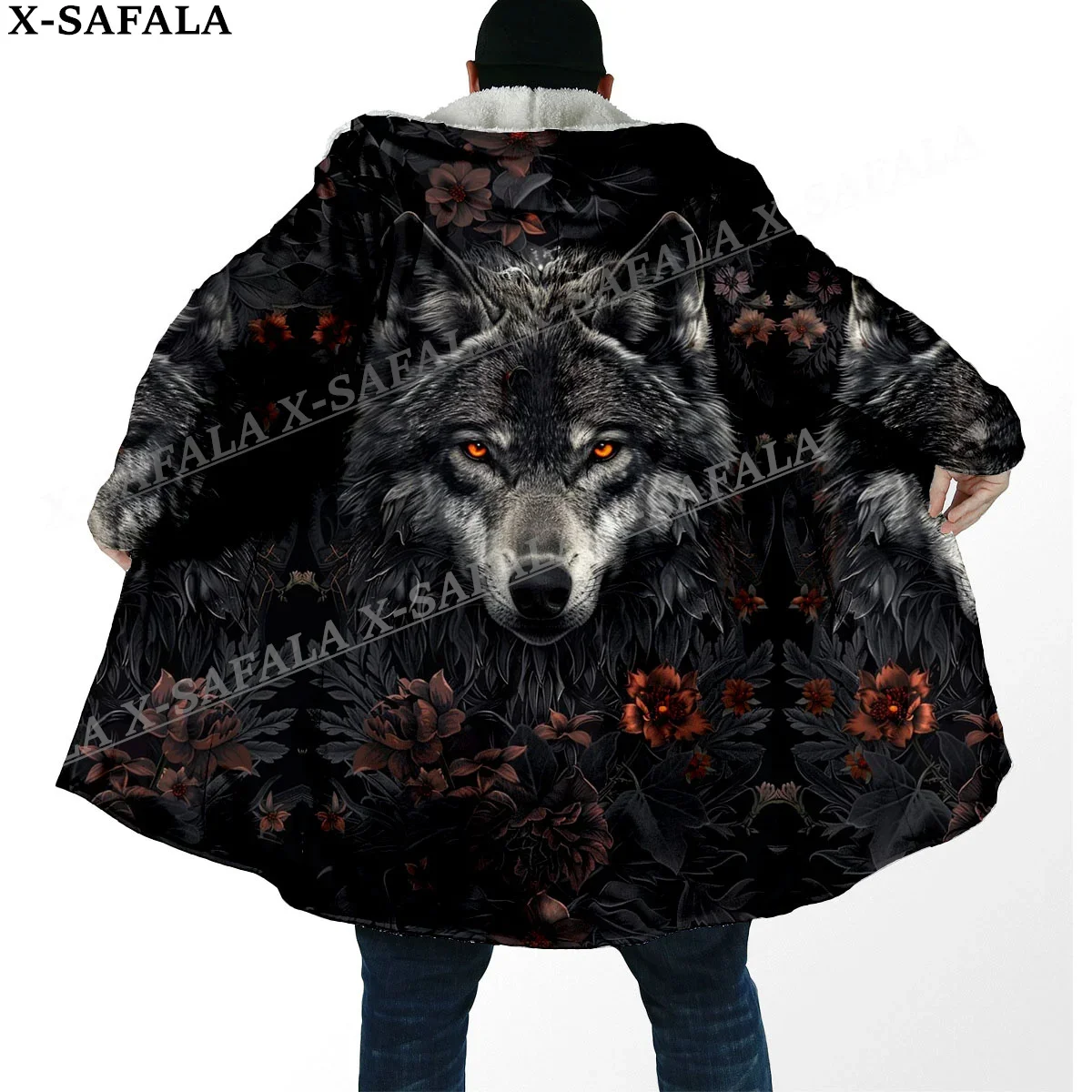 Elegant Wolf Spirit Totems Arts Thick Warm Hooded Cloak Men Overcoat Coat Windproof Fleece Cape Robe Hooded Blanket-8