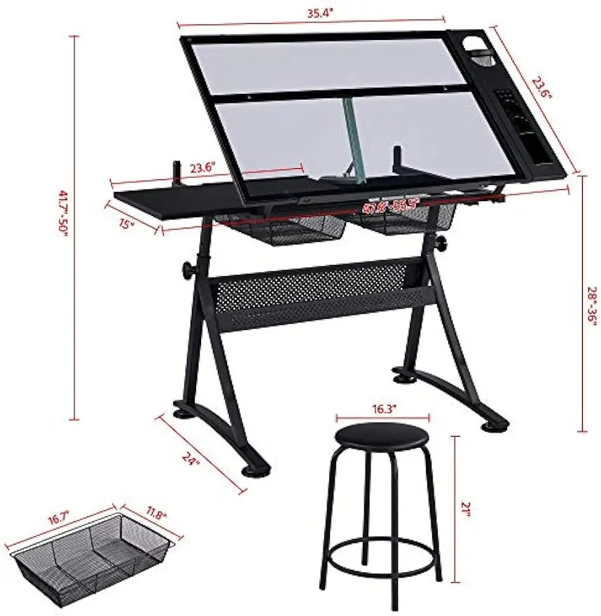 Yaheetech Drafting Table w/Stool Height Adjustable Multifunctional Art Craft Artists Desk Tilting Glass Tabletop Work Station