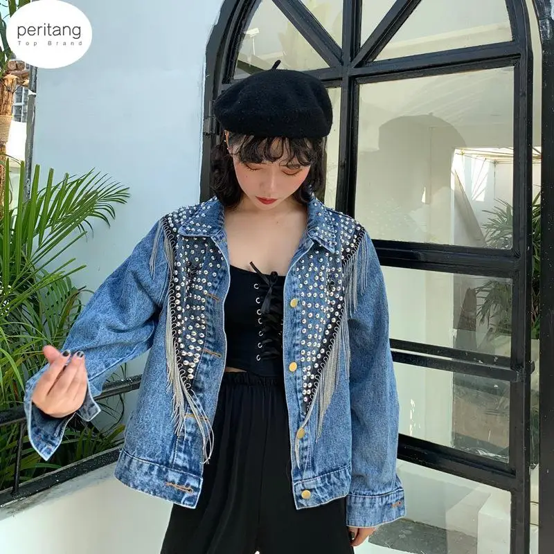 Black Oversized Rivets Women Denim Jacket With Tassel 2024 Spring Streetwear Vintage Ladies Jeans Jacket Coat Loose Outwear