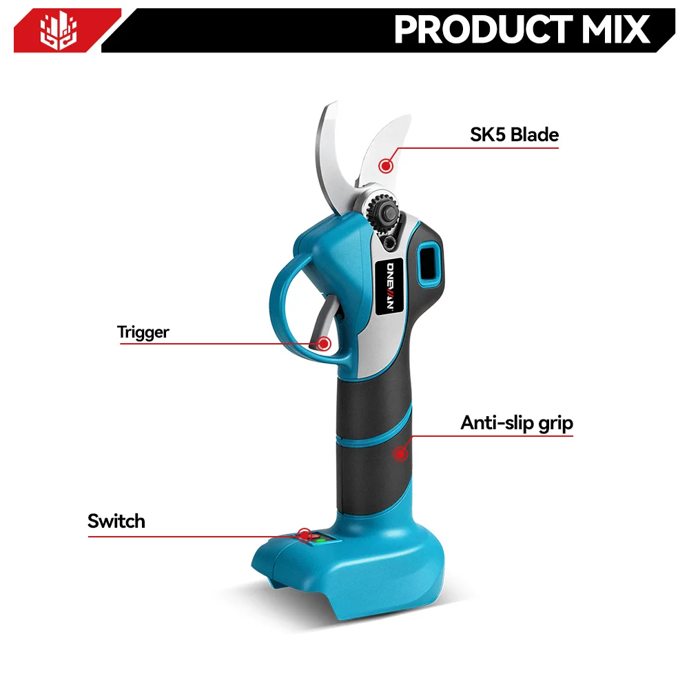 ONEVAN 1000W Brushless Electric Pruning Shears 2 Gears Cordless Portable Shear Cutting Wood Power Tool For Makita Battery Pin