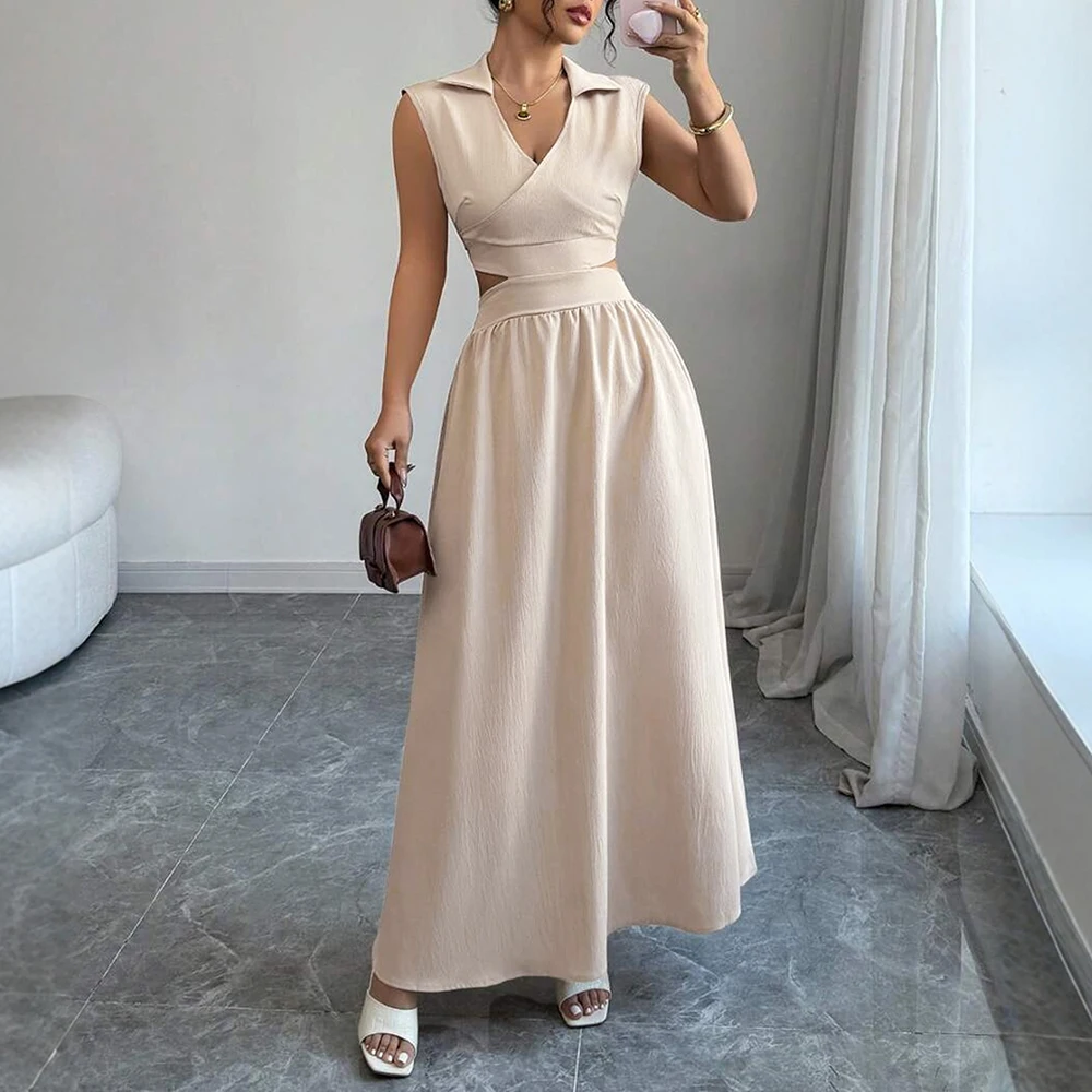 

Mia Muse Dresses Summer Comfortable French Elegant Fashion Cut-Out Chic Sleeveless V-Neck Maxi Sweet Dating Dresses For Women