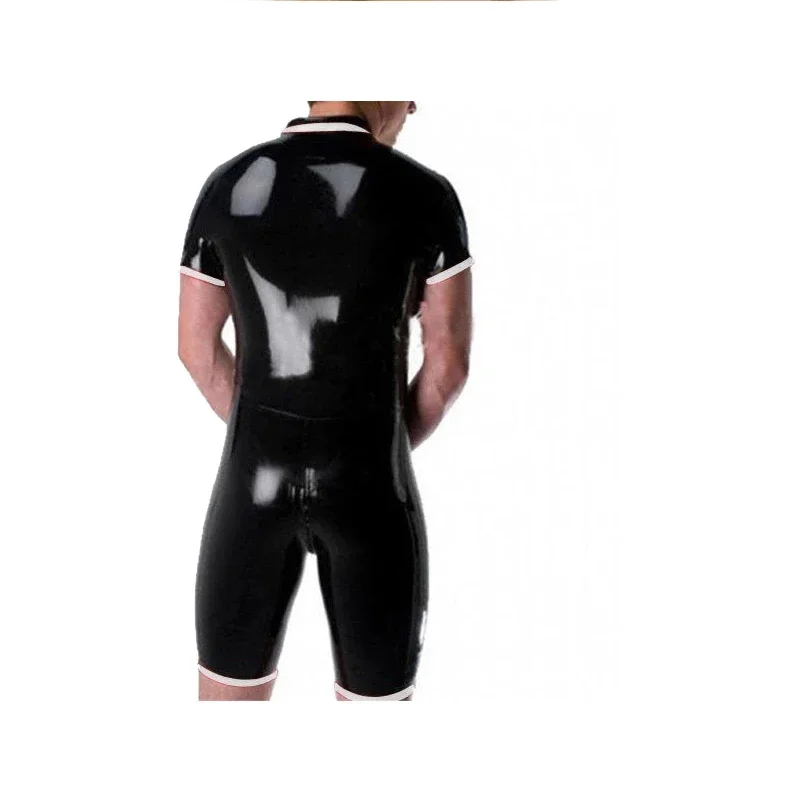 

Handmade Men Latex Rubber Bodysuit Cosplay Catsuit Black with white with Crotch Zip
