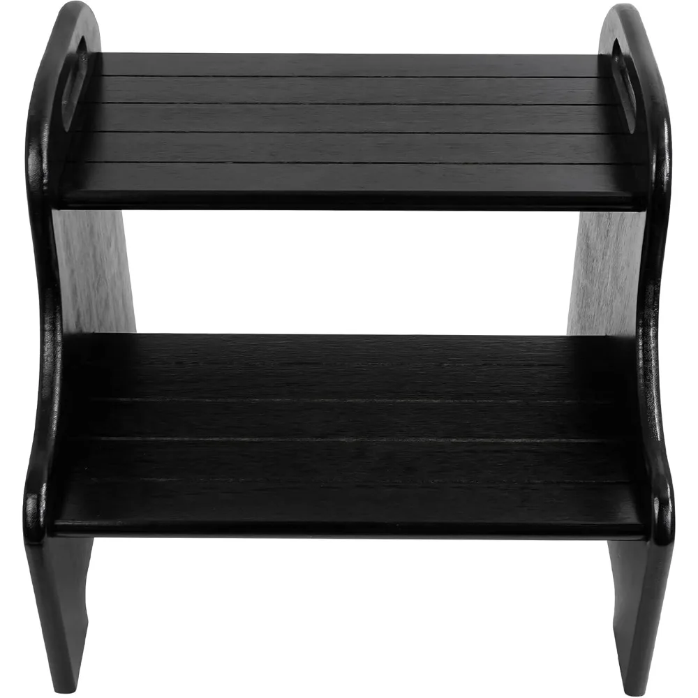 Bamboo 2 Step Stool with Non-Slip Step Treads and 2 Cutout Handles (Black)