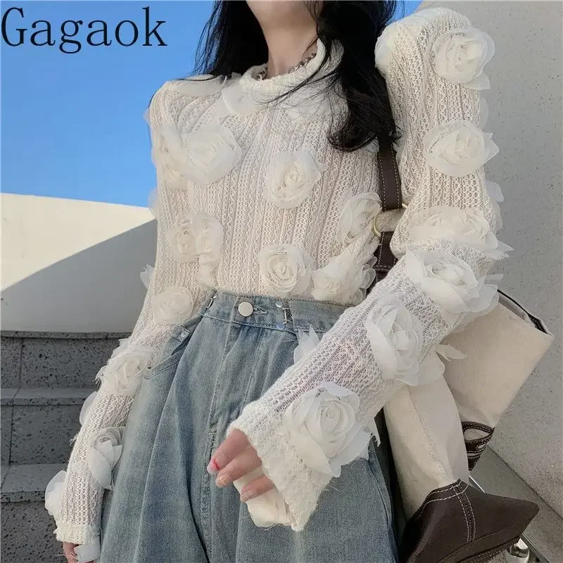 Gagaok Lace Shirt for Women Spring Autumn Temperament Hollow Out 3D Flower Slim Fit Long Sleeve Underlay Short Top