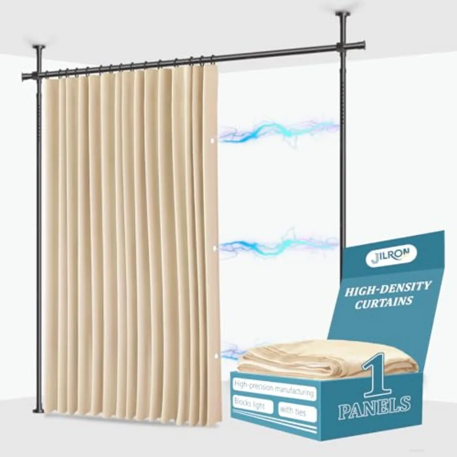 

No-Drill Room Divider Curtain Set: Includes 106" W x 84" L Curtain and Adjustable Pole Brackets 35-100" W x 43-120" H Adjustabl