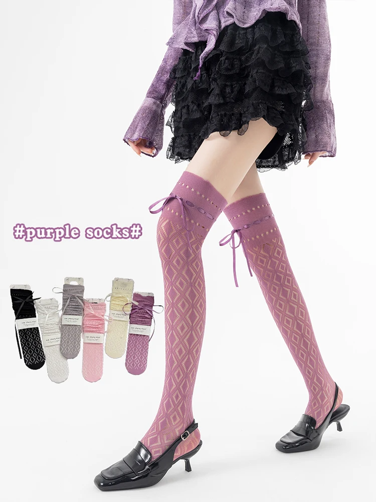 Retro Diamond Patterned Thin Ballet Style Spring Summer Anti-Catch Thread Over-Knee Leggings Hollow out Tie Dye Purple Home C...