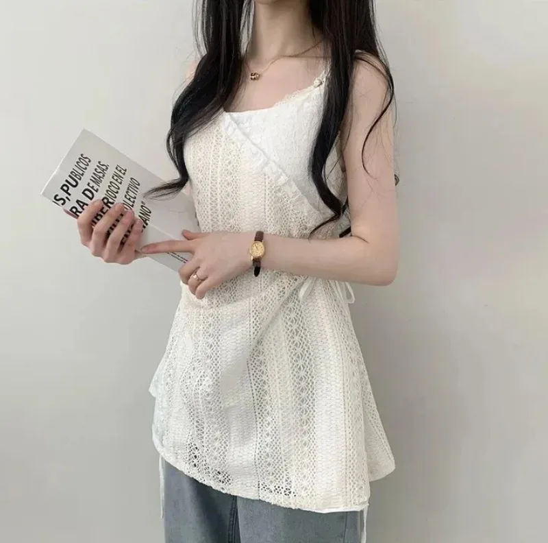 Summer Dress Women Chic French Lace Stitching Sling Shirt Stacked Gauze Knitted Dress Overskirt Inner Wear Base Short Dress