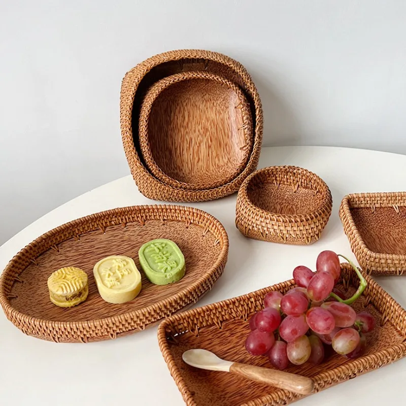 Wooden Rattan Food Tray Storage Tray Dessert Fruit Snack Tray Kitchen Storage Basket Outdoor Picnic Tableware Accessories