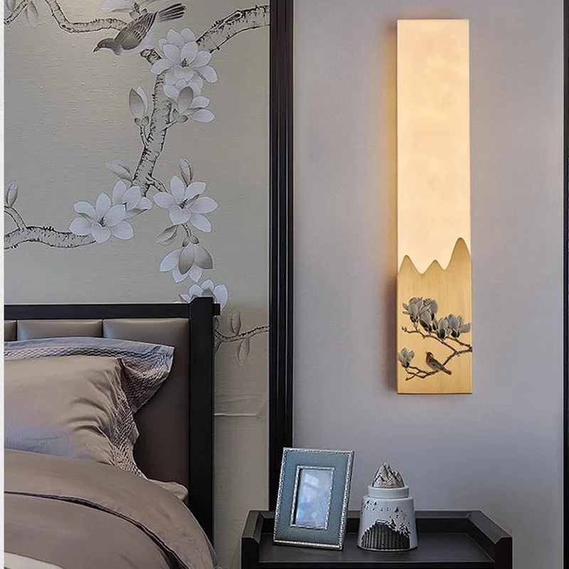 New Chinese style all-copper marble wall lamp Chinese style Zen living room background wall lamp Bedroom bedside enamel lamp
