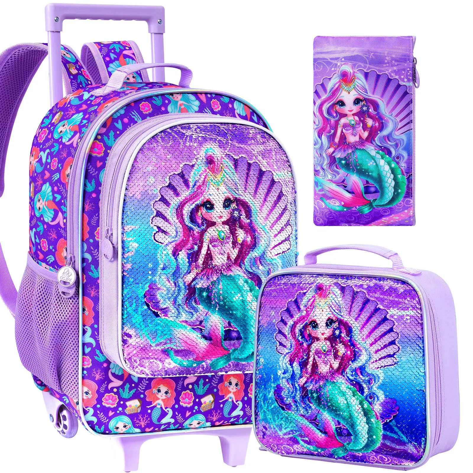 

3PCS Rolling Backpack for Girls Boys, Kids Roller Wheels Bookbag, Wheeled School Bag with Lunch Bag