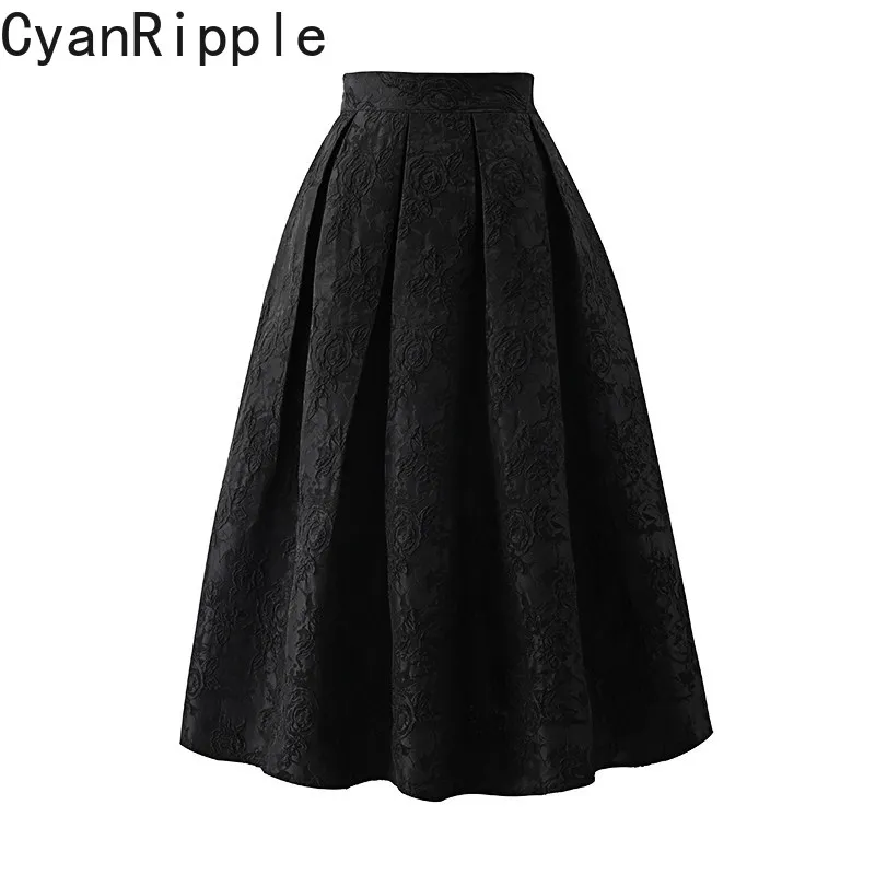 High Quality Spring Autumn Hepburn Style Black Jacquard Mid-length A-line Skirt All-match High Waist Elegant Lady Puff Skirts