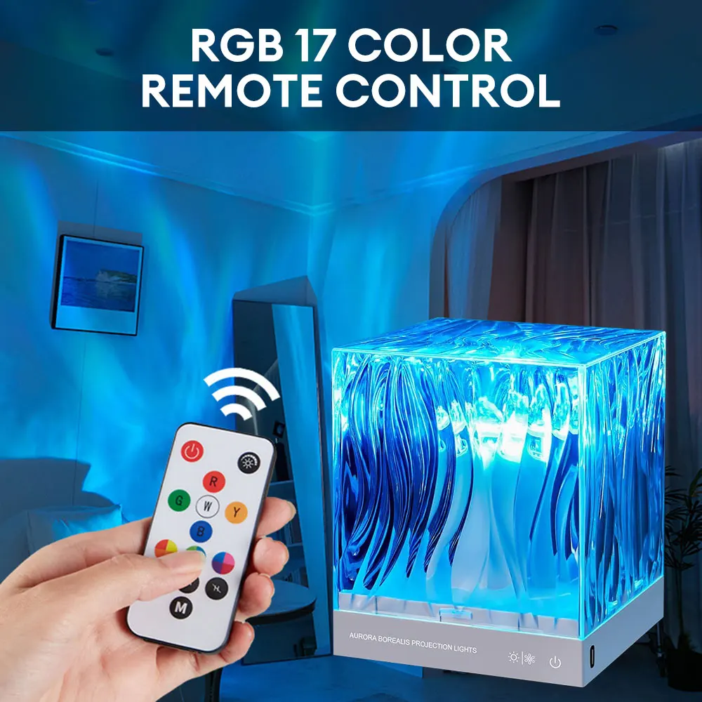 LED Dynamic Aurora Northern Lights Water Ripple Projector Night Light 17 Colors Water Ripple Lamp for Living Room Study Bedroom