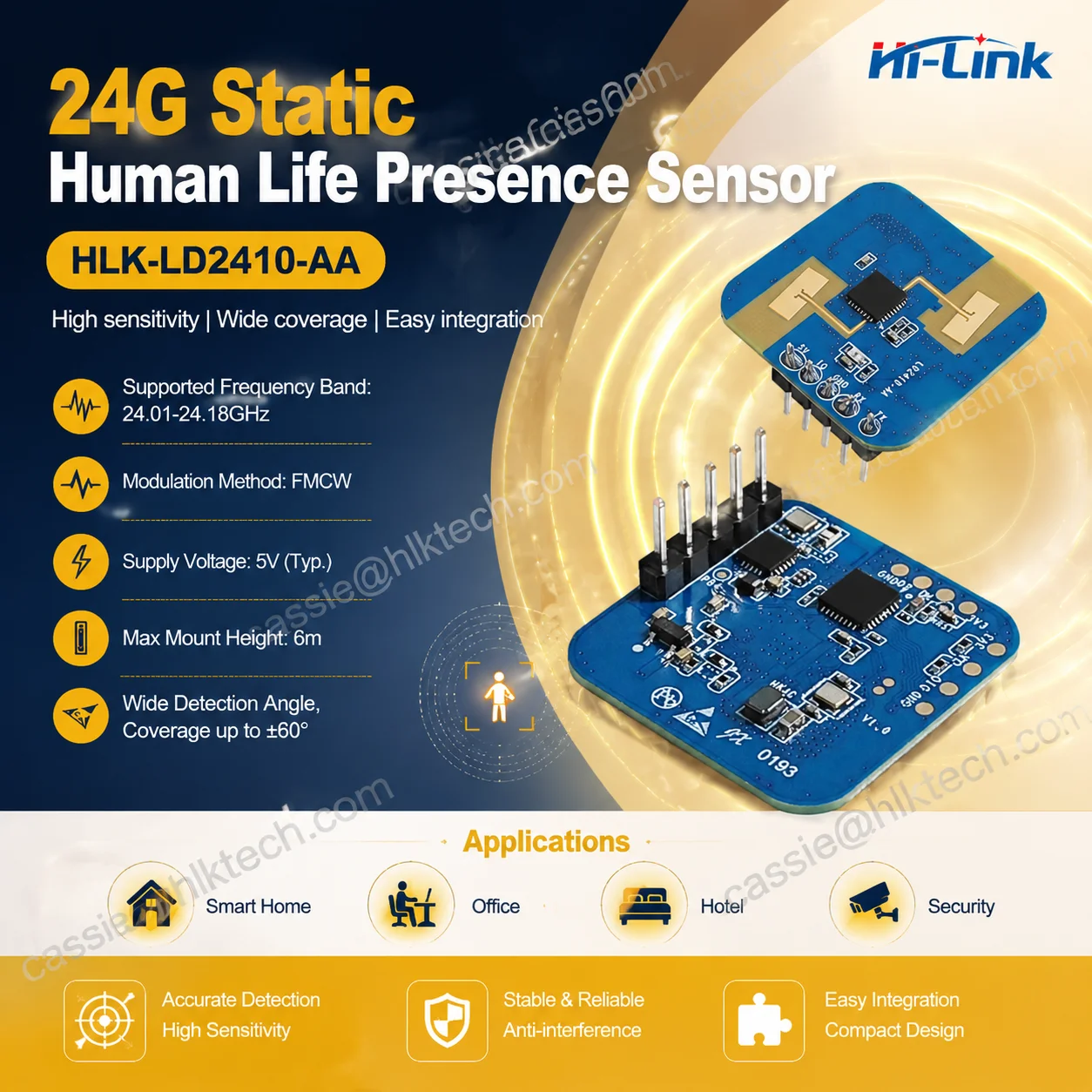 HLK-LD2410-AA 24GHz Millimeter Wave Motion Switch Sensor Human Presence Sensor Radar Module MAX 9M for Smart Lighting