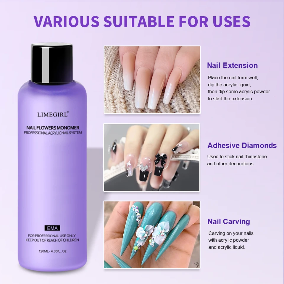 Limegirl gran capacidad líquido monómero acrílico cristal 40/70/120/240 ml para arte de uñas DIY polvo acrílico líquido manicura 5
