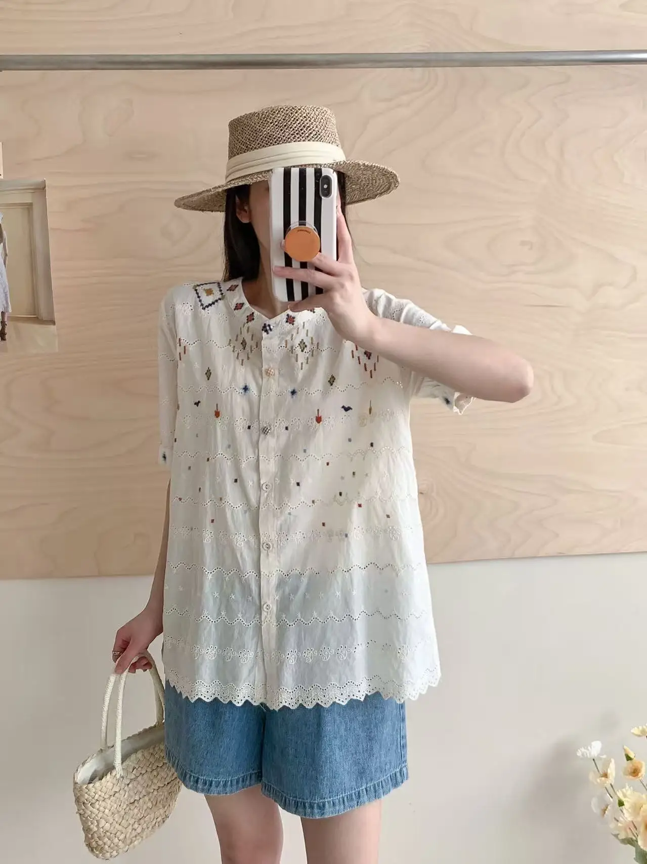 ใหม่2025ฤดูร้อนผ้าฝ้ายแขนสั้นเสื้อผู้หญิงยืนเย็บปักถักร้อย, MoriสาวRetroสไตล์จีนเดินทางเสื้อหลวมT56051CC