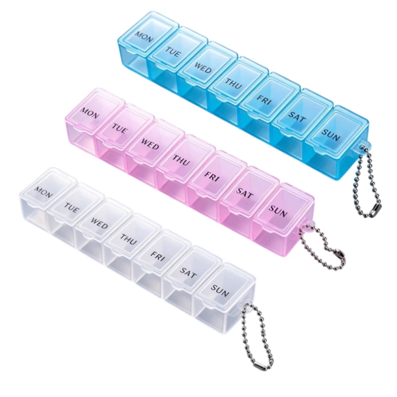 7-Tage-Wochen-Pillenorganizer, bunte Mini-Pillenbox, tragbarer Medikamentenbehälter mit Schlüsselanhänger, Tablettenetui mit Knopföffnung – Detail 7