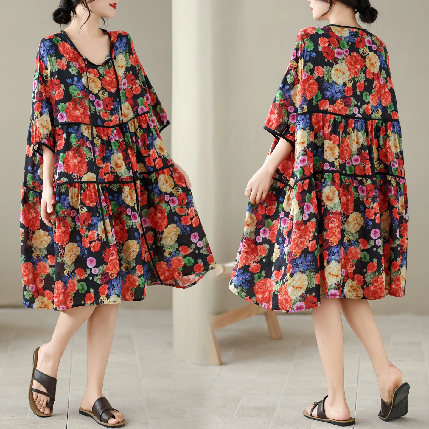 

Летнее хлопково-льняное платье большого размера с принтом, воротником и завязками, свободного кроя, элегантное, стройнящее, универсальное, в художественном стиле, с завышенной талией, А-силуэт