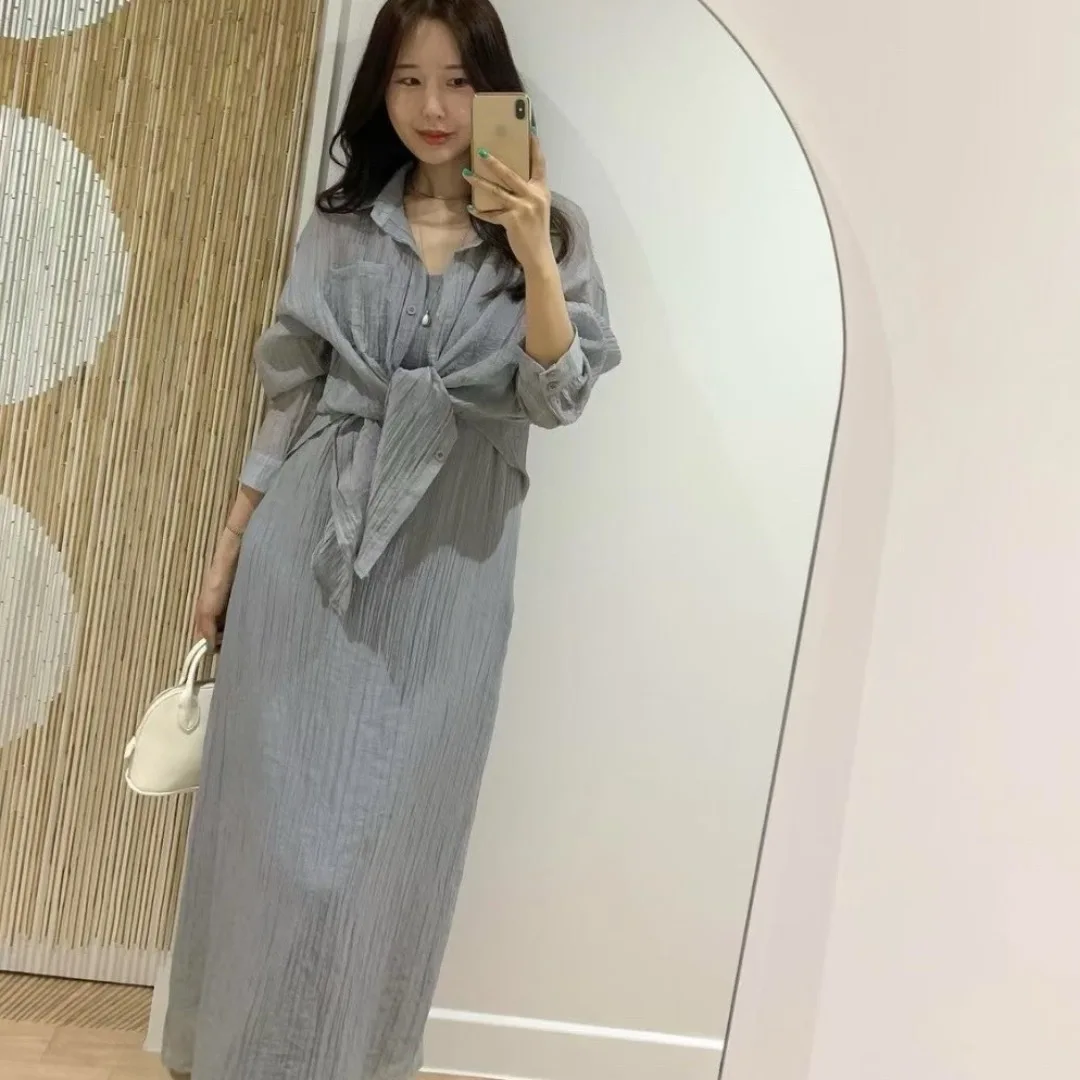 Fashionable Korean Style Two-Piece Set Elegant Collar Blouse And Strap Dress Chic Women's Clothing Commute Long Sleeve Button up
