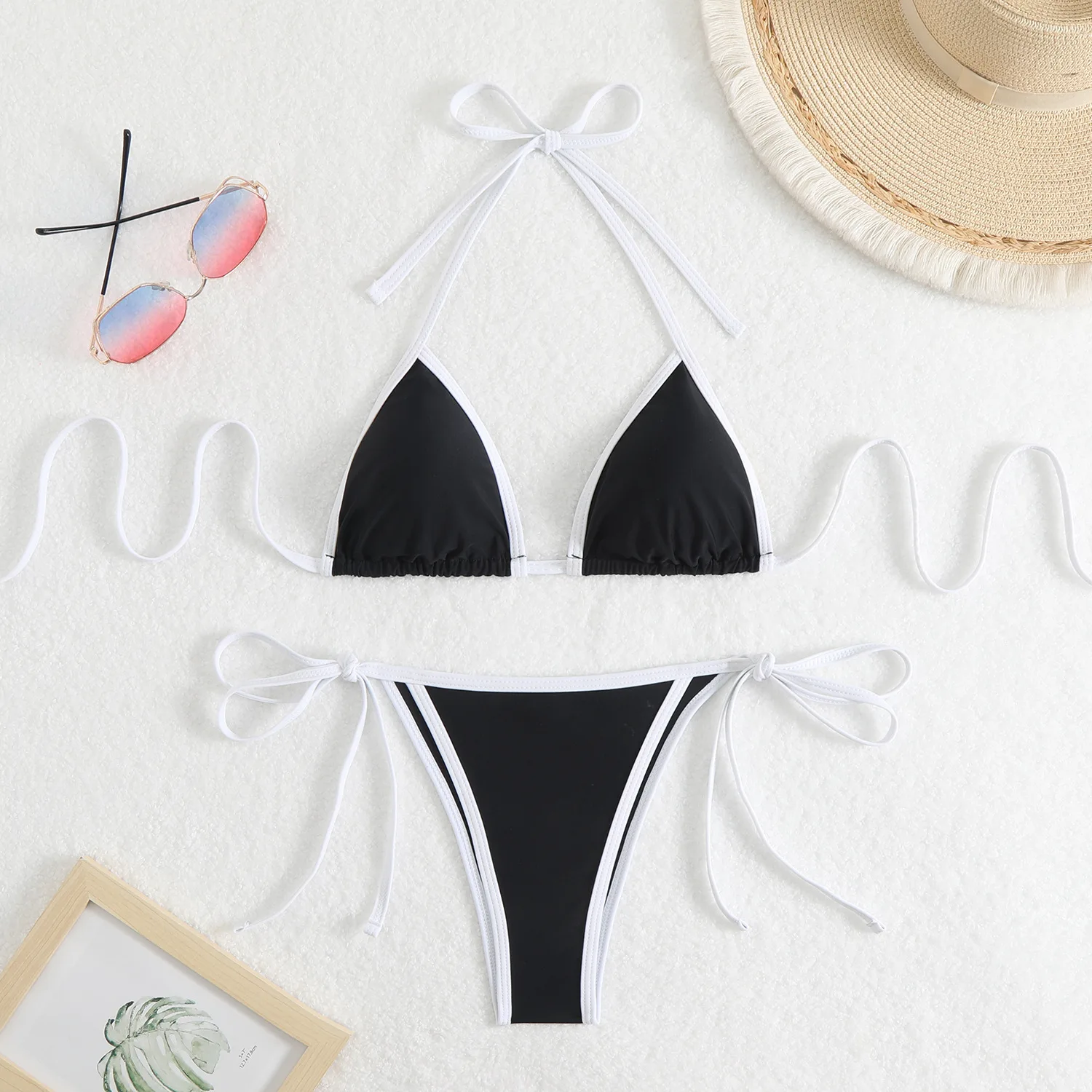 Black White Contrast Trim Thong Bikini Sexy Brazilian Biquini Swimsuit Two Pieces Swimwear Women 2025 Bathing Suits Beach Wear