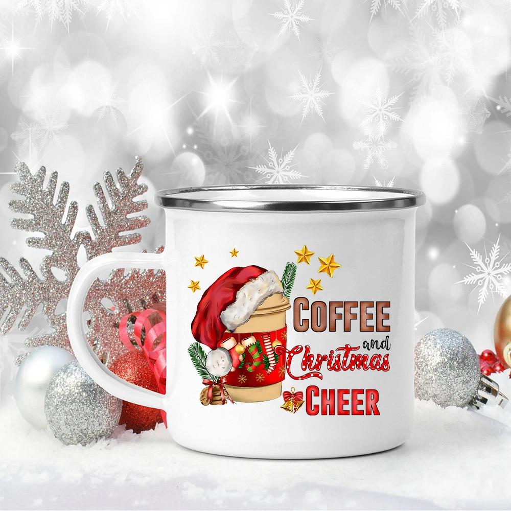 Coffee and Christmas Cheer Enamel Mugs Xmas Decor Cup Christmas Party Wine Juice Handle Coffee Mug Xmas Git for Friends Family