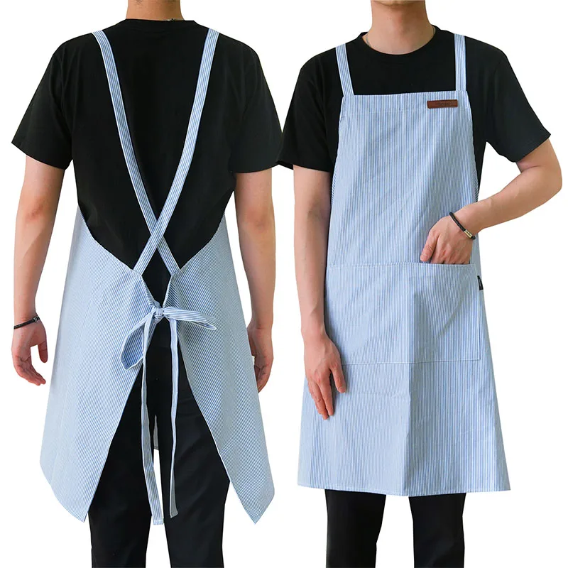 

Japanese Stripe Cotton Canvas Kitchen Apron for Men and Women Anti-dirty Cross-back Pinafore with Pockets for Baking Cooking