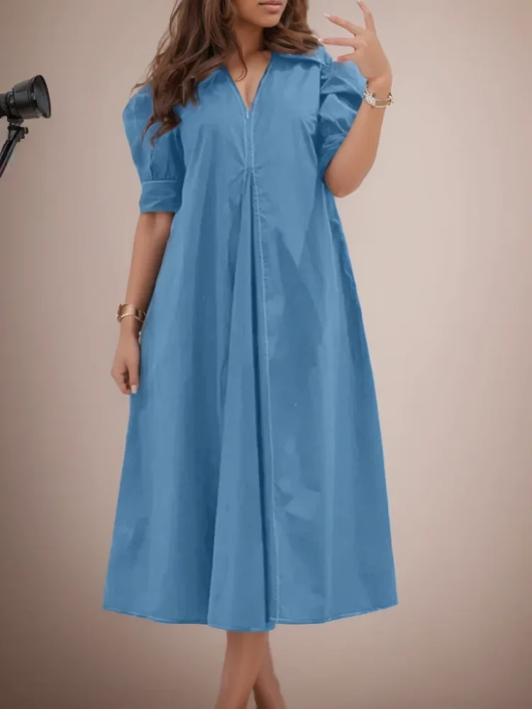 Fashion Summer Sundress ZANZEA Women V-Neck Party Midi Dresses Solid Pleated Holiday Vestidos Elegant Puff Sleeve Work Dress
