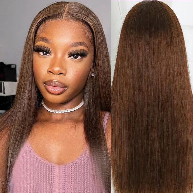 Perruque Lace Front Wig naturelle lisse, cheveux humains, brun chocolat, #4, 13x6, 13x4, pre-plucked, transparente