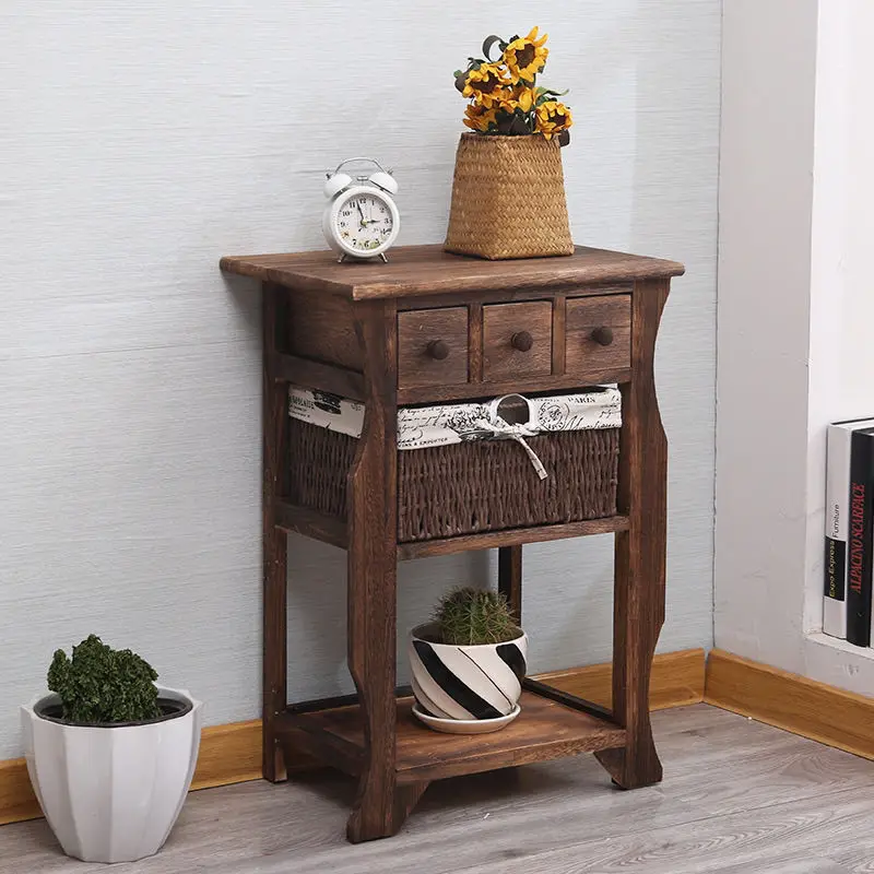 

Retro solid wood bedside table pastoral rattan e****mical storage cabinet bedroom chest cabinet living room ornament small