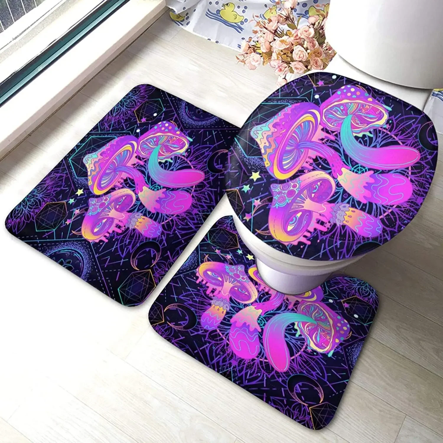 Bath Mat for Bathroom Rugs Trippy Magic Mushrooms Sacred Mystic Sets 3 Pcs Shower Mats Memory Foam Non Slip Toilet Tub Floor Rug