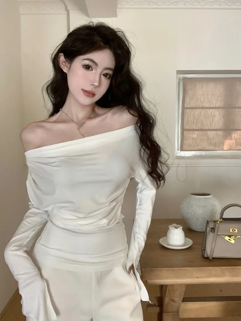 Pleated Off Shoulder Skew Collar White Tshirt Korean Chic Casual Split Sleeve Y2k Top Aesthetic E-girls Women Clothing Spring