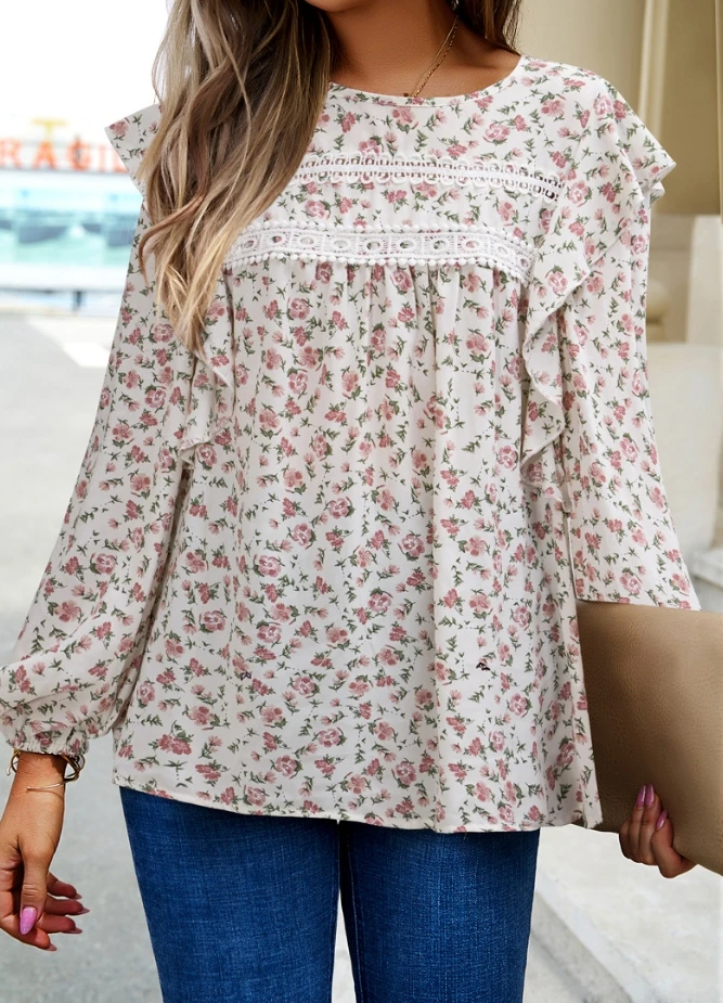 

Women's Elegant Flower Print Round Neck Long sleeved Top 2024 Summer New Style Commuting Fashion Loose Top
